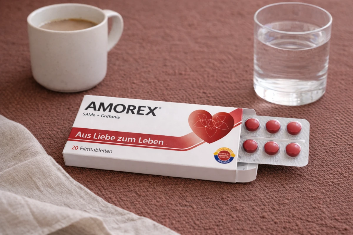 Geöffnete Amorex-Packung neben Kaffeebecher und Wasserglas